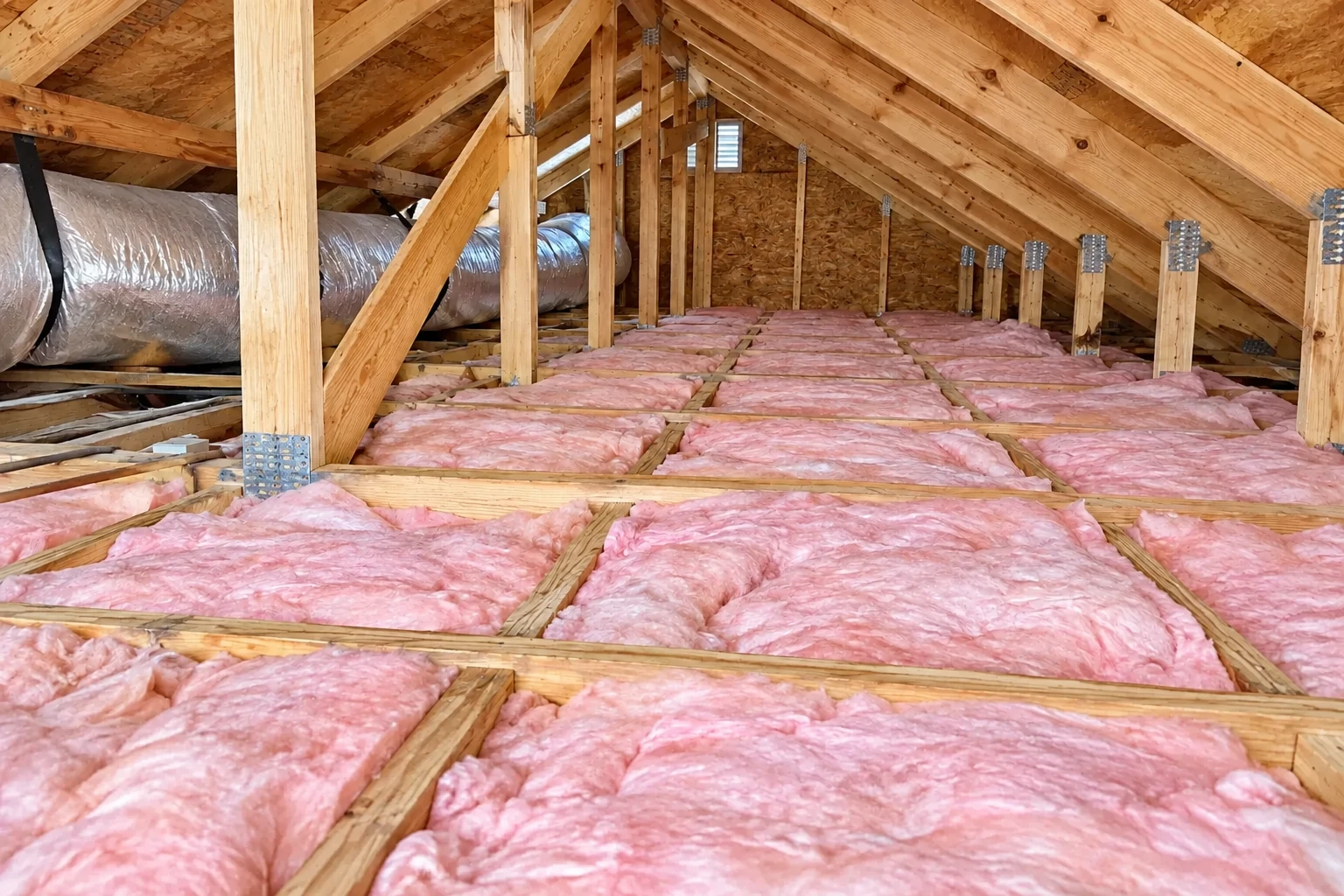 Pink batt insulation covers the attic floor between wooden trusses, with a silver duct running along the side.