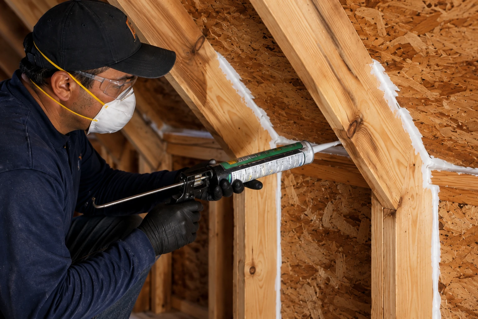 A masked worker uses a caulking gun to seal seams along exposed wooden attic framing.