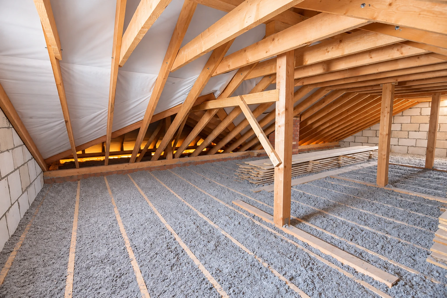 Gray loose-fill insulation covers the attic floor beneath exposed wooden roof trusses.