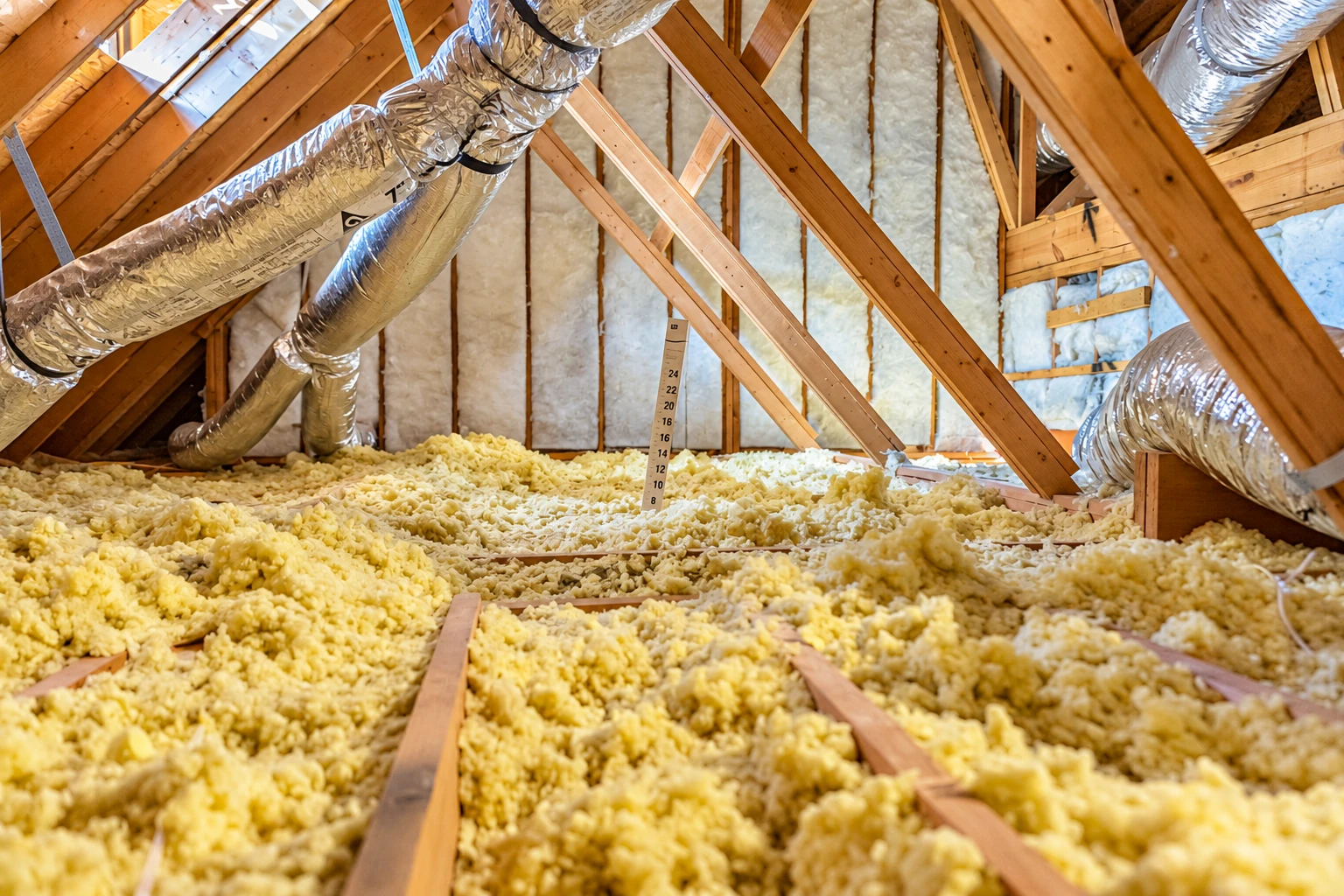 Attic floor covered with loose yellow blown-in insulation, with ducts and white insulation between exposed roof rafters.