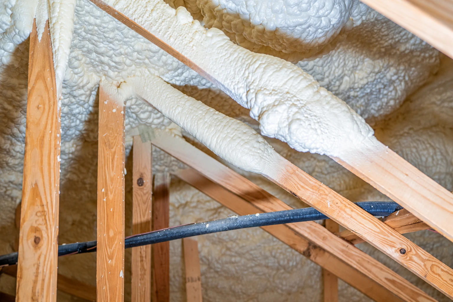 Close view of white spray foam insulation coating wooden roof trusses and surrounding framing.