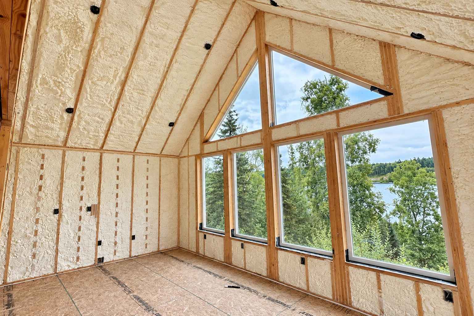 Unfinished room with exposed framing and cream spray foam insulation coating the walls and sloped ceiling around large windows.