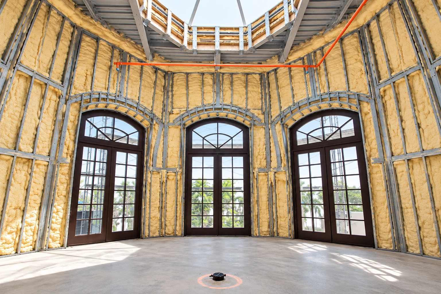 Yellow insulation fills the metal wall framing of a commercial building with three tall arched windows.