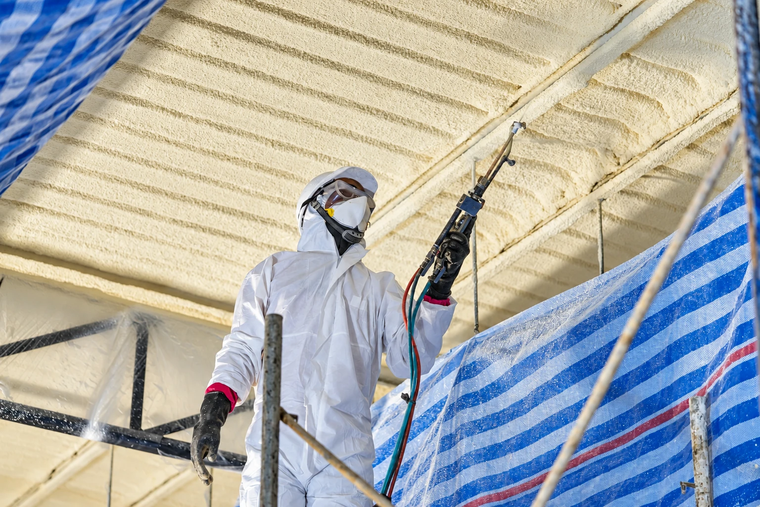 Worker in protective gear sprays foam insulation onto a commercial ceiling, with blue striped sheeting around the work area.