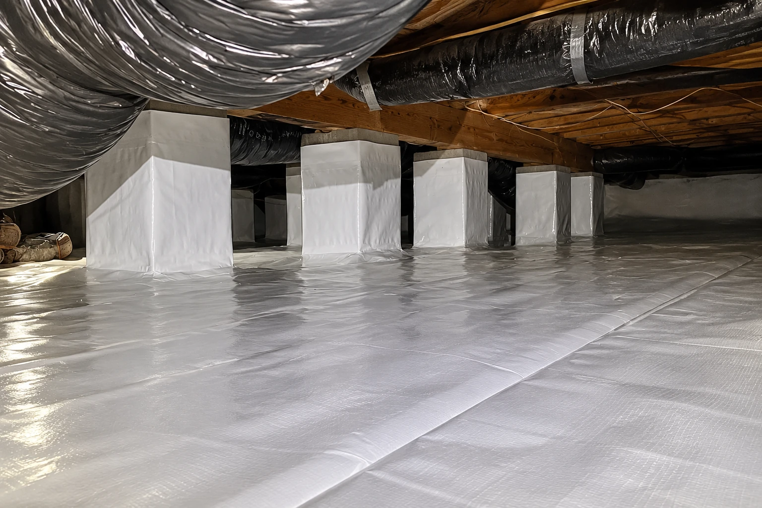 Crawl space floor covered with a white vapor barrier, with wrapped support columns and insulated ducts overhead.