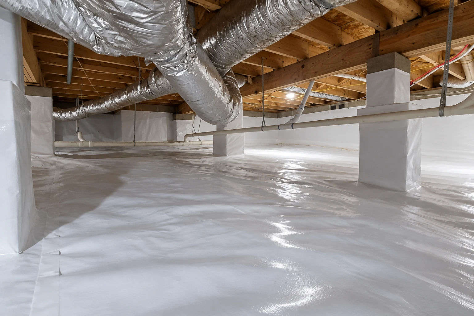 Crawl space with a white vapor barrier covering the floor and support columns beneath exposed joists and silver ductwork.