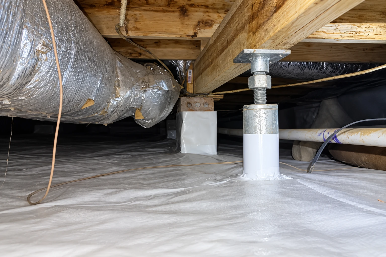 A crawl space has a white vapor barrier covering the floor beneath ducts, wooden beams, and support posts.