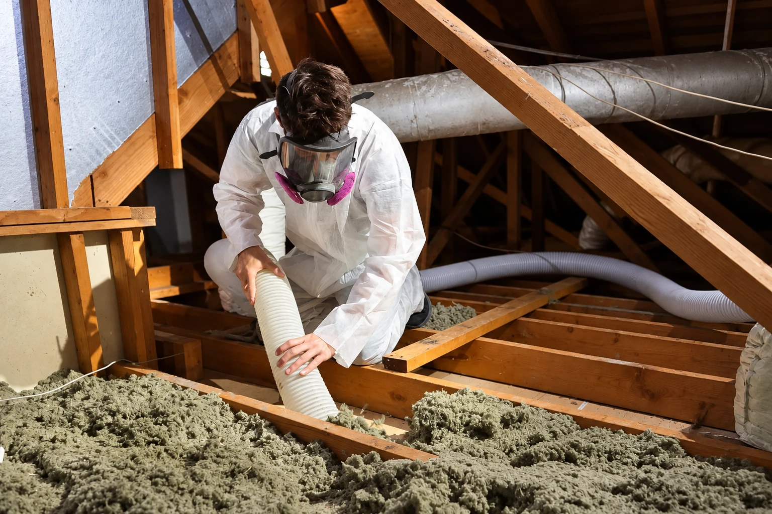 A worker in protective gear uses a large hose to remove loose insulation from an attic.