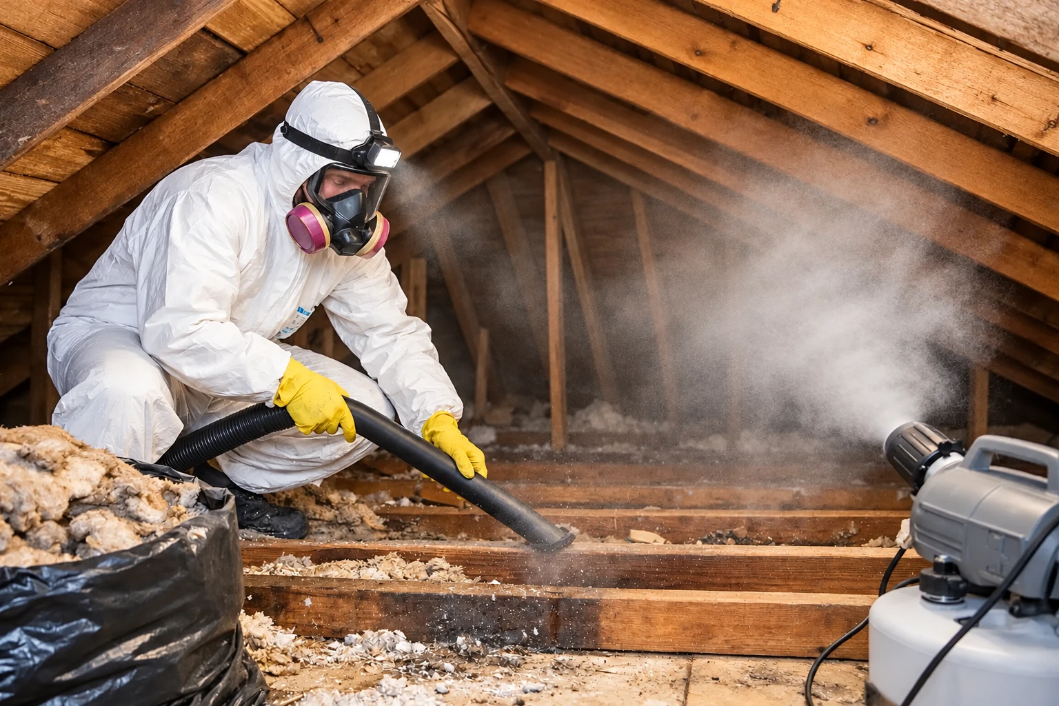 A worker in protective coveralls and a respirator vacuums old attic insulation with a large hose.