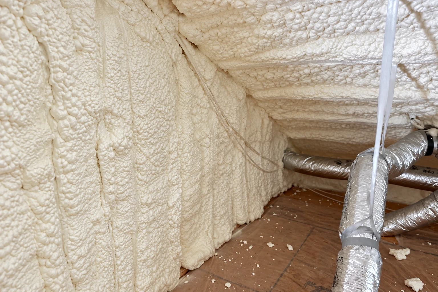 Thick white spray foam coats the walls and ceiling of an attic beside silver flexible ducts.