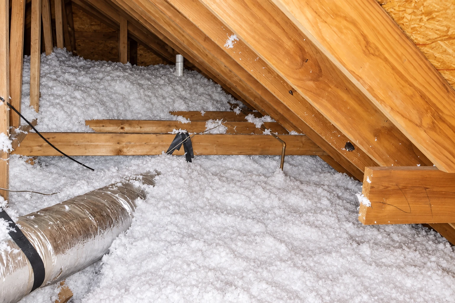 Attic floor covered in loose white blown-in insulation beneath exposed wooden rafters, with a flexible silver duct in the foreground.