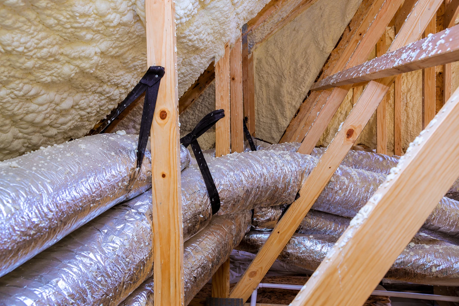 Foam insulation fills the roof framing of an attic above several foil-wrapped ducts.
