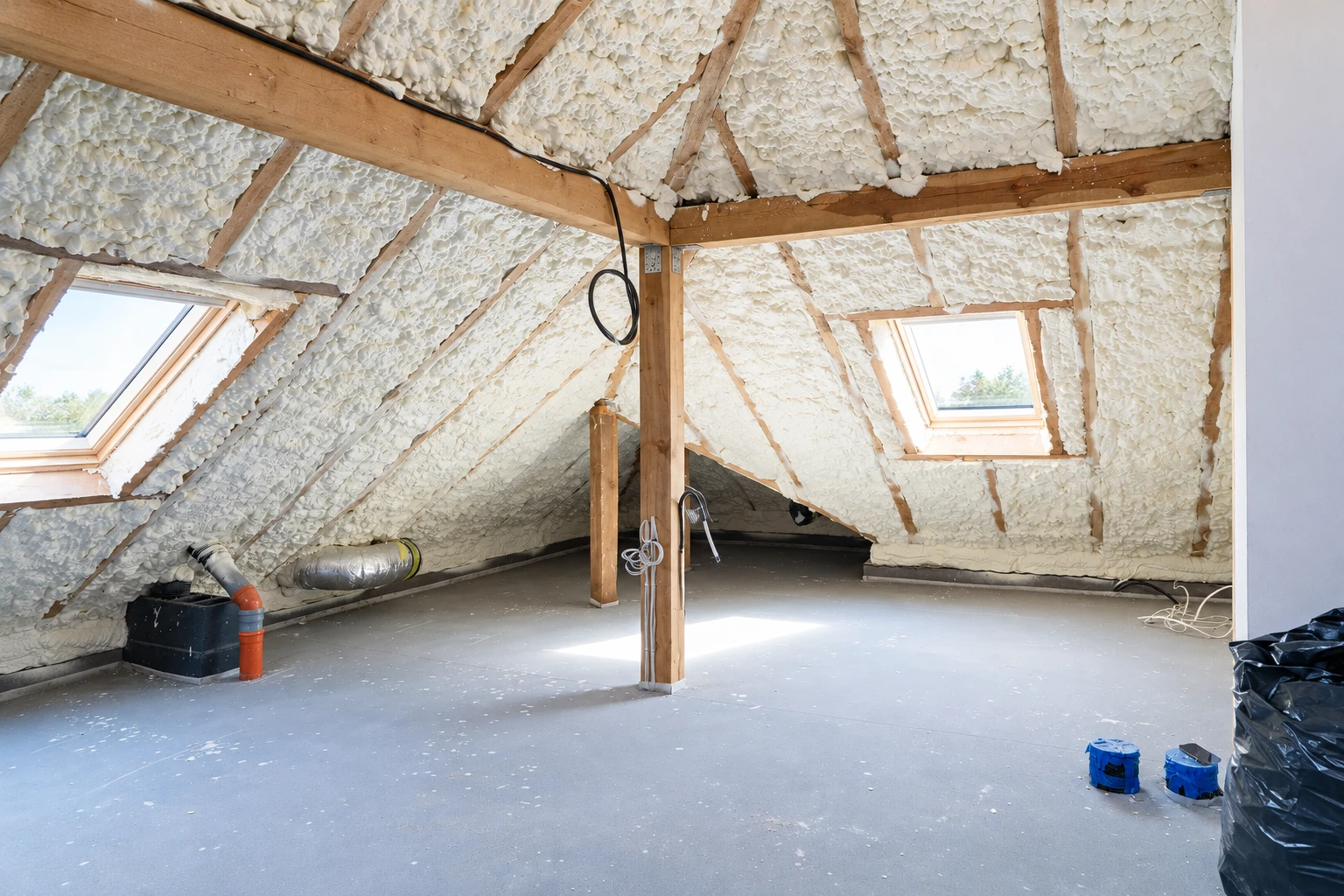 Attic with uneven white spray foam insulation covering the sloped roof between exposed wooden rafters.
