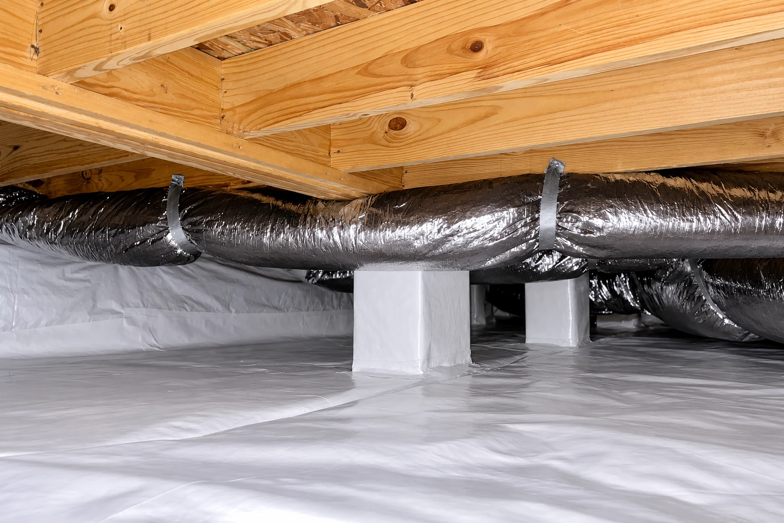 White vapor barrier covers the crawl space floor and foundation walls beneath wooden joists and a large duct.