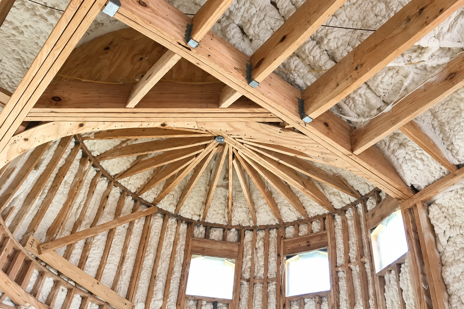 Exposed wooden wall and roof framing filled with white spray foam insulation around two windows.