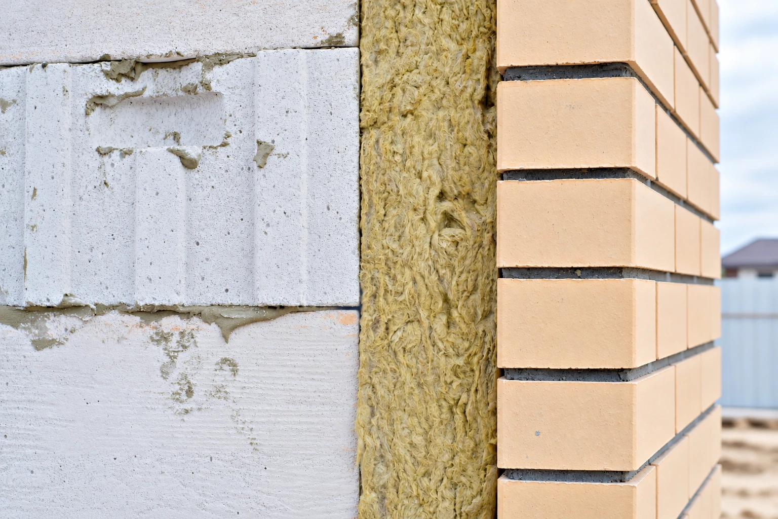 Wall cross-section shows yellow fibrous insulation between a white masonry wall and an outer brick veneer.